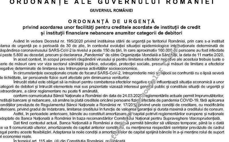 Ordonanța privind amânarea ratelor la credite, în Monitorul oficial. Ce prevede în cazul persoanelor fizice și firmelor.